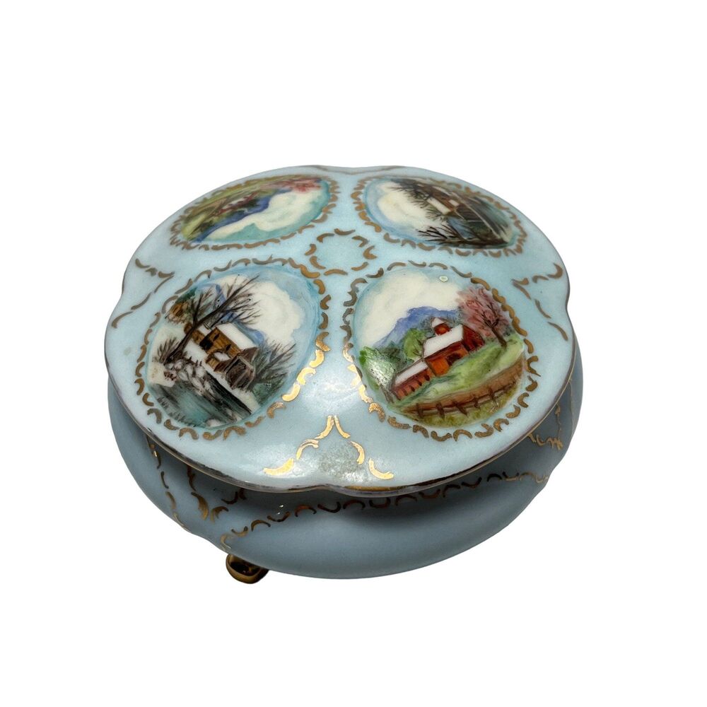 Hand Painted Trinket Box Footed Gold Embellishments Light Blue Farm Scenes vtg - Picture 4 of 10